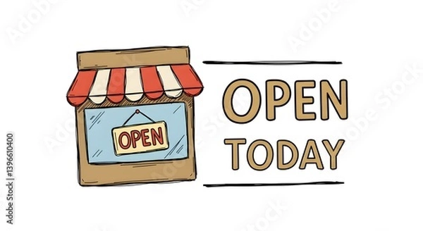 Obraz Hand Drawn Storefront Illustration with 'Open Today' Sign for Business