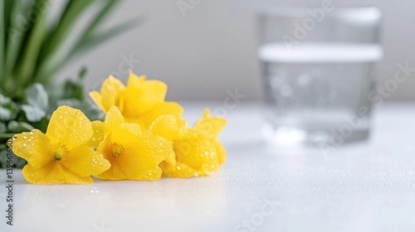 Obraz Delicate yellow flowers with water droplets,  fresh and vibrant, on a white surface with a glass of water