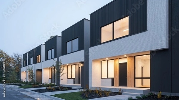 Obraz Modern row houses in a quiet neighborhood at twilight.  Clean lines and contemporary design with contrasting dark and light exteriors, showcasing modern architecture and efficient residential living