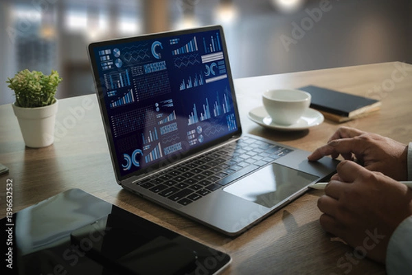 Fototapeta The business analyst used a laptop to analyze financial statistics, creating a digital dashboard for marketing performance reports.