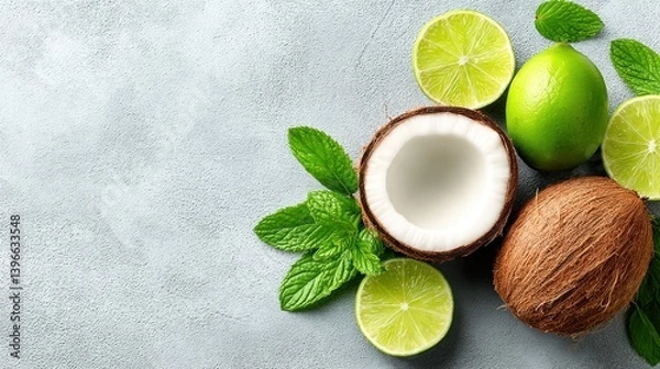 Fototapeta Refreshing coconut and lime ingredients kitchen counter food photography bright setting overhead view tropical flavor