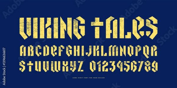 Obraz Stencil-plate sans serif font in black letter style. Letters and numbers with grunge texture for logo and emblem design. Yellow print on blue background
