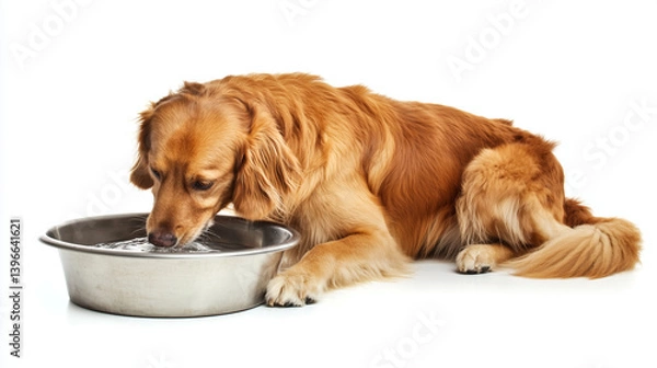Fototapeta Dog drinking water from a metal bowl on white background, studio lighting
