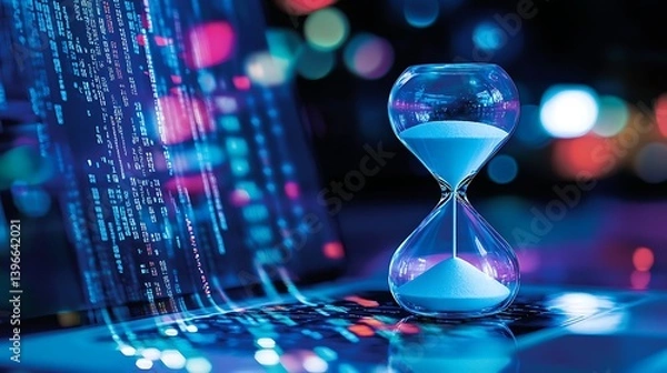Fototapeta Hourglass timer on a laptop with flowing data, symbolizing time management in digital workspaces