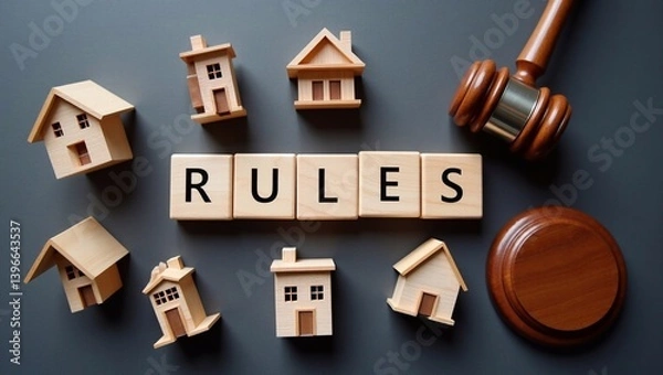 Fototapeta Real estate rules: a detailed photograph of wooden houses arranged around the word "RULES", with a judge's gavel in the background.