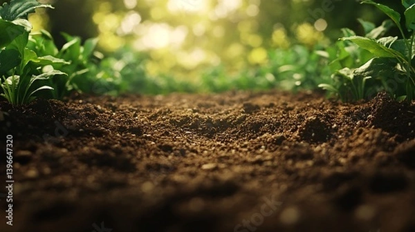Obraz Rich soil path, sunlit garden, plants, growth