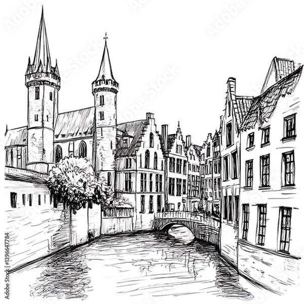 Fototapeta Hand-drawn sketch of a charming European canal-side town with medieval architecture and a bridge.