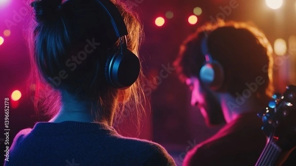 Fototapeta Two people sharing headphones and swaying at an acoustic live performance