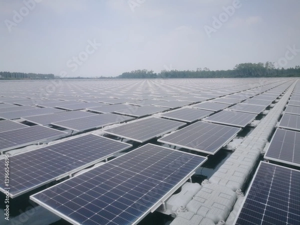 Obraz A large number of solar panels are installed on gray plastic pontoons over a body of water.