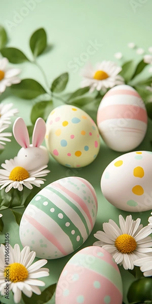 Obraz Easter Eggs with Bunny Ears and Daisies on Mint Green Background,vertical Easter eggs in pastel shades and bunny ears arranged,Pastel Easter Eggs,Festive Easter,green surface,Easter eggs and playful