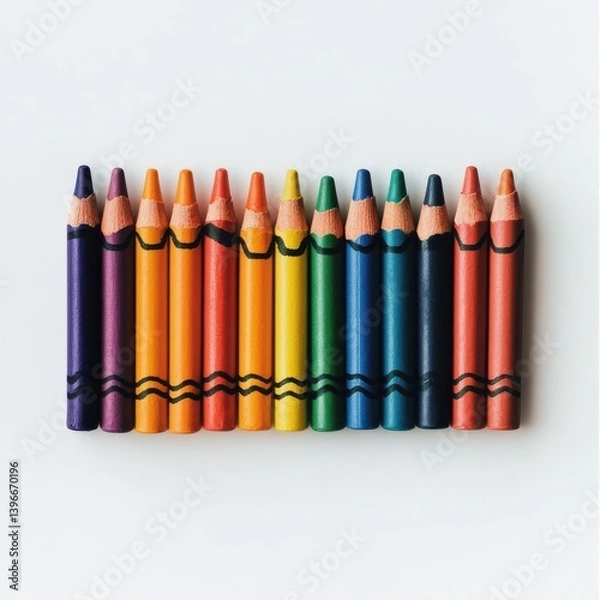 Fototapeta Vibrant spectrum of colorful crayons neatly arranged on a white surface, creating a bright and appealing composition