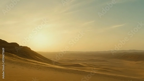 Fototapeta Expansive Desert Landscape Featuring Rolling Sand Dunes Under Clear Sky At Sunset With Golden Sunlight and Soft Texture With Golden Hour Landscape
