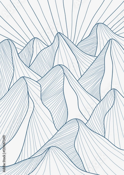 Fototapeta Hand drawn mountains illustration sketch with line art print. Abstract contemporary aesthetic background landscape. use for print art, poster, cover, banner, template