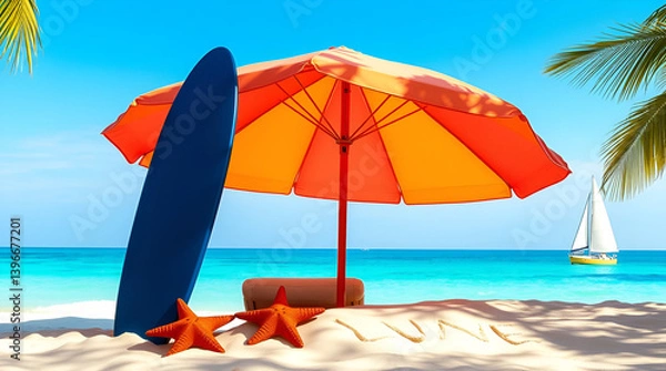 Obraz Start of Summer, June 21, Summer Begins, summer arrives Friday, summer solstice, World Tour Day, Beach Landscape, Beach Elements on Sand of Beach, Generative Ai