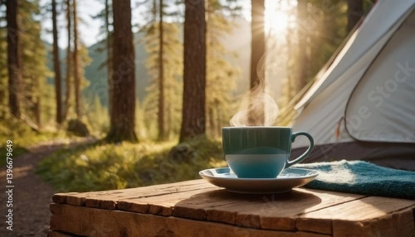 Fototapeta A view from the tent with a cup of coffee of the mountains while hiking, POV