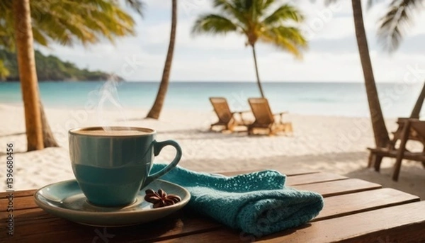 Fototapeta View from a tent with a cup of coffee on a tropical azure beach while camping, POV
