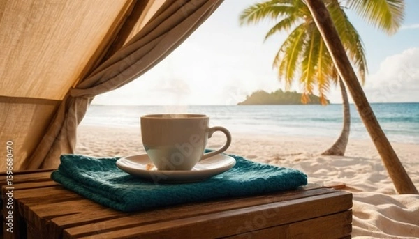 Fototapeta View from a tent with a cup of coffee on a tropical azure beach while camping, POV