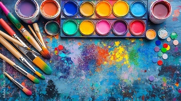 Fototapeta A pride-themed art desk with rainbow paint palettes, glitter, acrylics, brushes in mugs, and pride pins scattered across a textured background. Created Using: chaotic artistic styling,