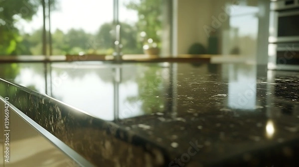 Fototapeta Modern kitchen interior with a polished granite countertop, sunlight streaming through large windows