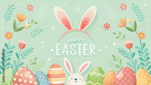 Fototapeta HAPPY EASTER text with bunny ears, a rabbit face, and pastel-colored eggs on a light teal background.

