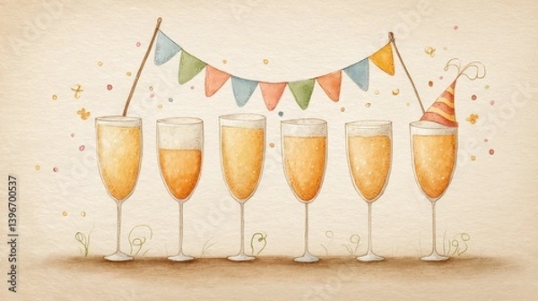 Fototapeta Celebration party toast with drinks festive atmosphere digital illustration whimsical style