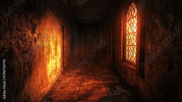 Fototapeta Empty dark corridor with a glowing side window