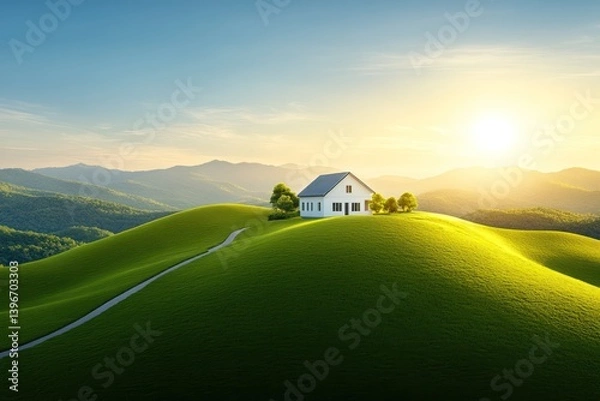 Obraz Tranquil Countryside Landscape with Sunlit Meadow, Farmhouse, Rolling Hills, Trees, and Stream. Peaceful and Harmonious Environment for a Moment of Escape.