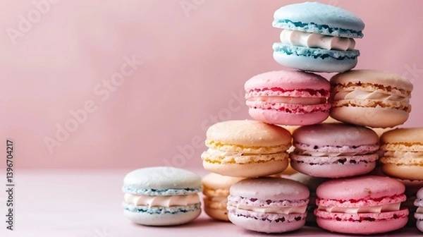 Fototapeta Aesthetic stack of colorful French macarons in pastel tones, arranged in a pyramid shape on a soft pink background. The image highlights a minimalistic and sweet dessert theme with smooth textures 