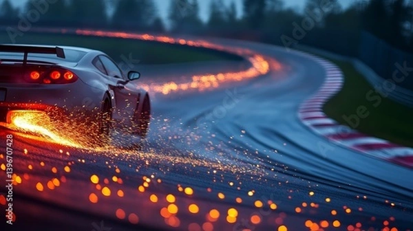 Fototapeta Dynamic Race Car Driving on Wet Track with Sparks Flying in Dramatic Evening Light