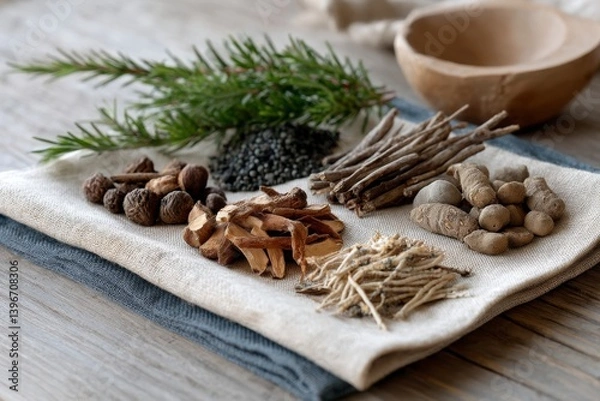 Fototapeta Embark on a journey of wellness with nature's pharmacy, a curated collection of dried roots, herbs, and botanicals, meticulously arranged on a rustic linen canvas Discover the ancient wisdom of