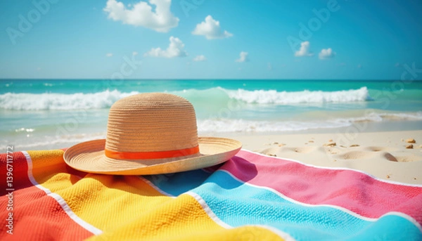 Fototapeta A straw hat with an orange band rests on a vibrant, striped towel on a sandy beach, with turquoise waves crashing in the background under a clear blue sky.