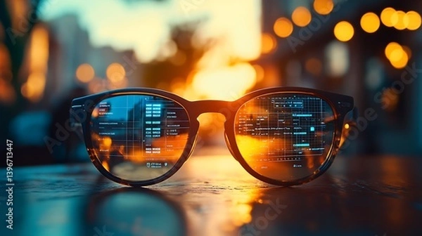 Fototapeta Macro of AR glasses on a table, with interface reflection visible in the lenses showing a digital calendar overlay. Warm coffee shop light in the background. Created Using: lifestyle-tech concept,