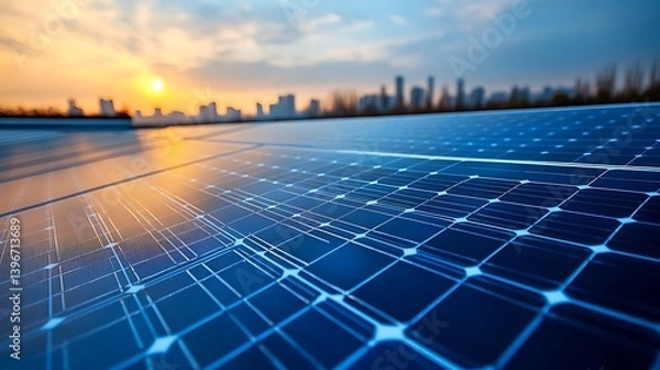 Obraz Macro shot of a modern solar panel surface, showing fine grid lines and blue photovoltaic cells reflecting direct sunlight.