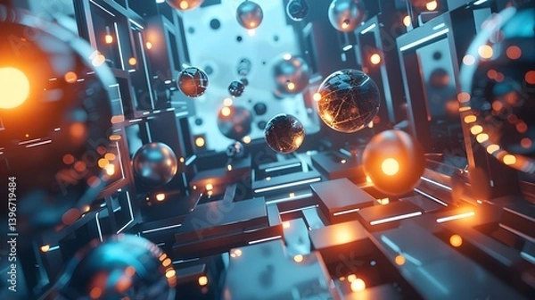 Fototapeta Complex Abstract 3D Artwork with Vibrant Light and Metal
