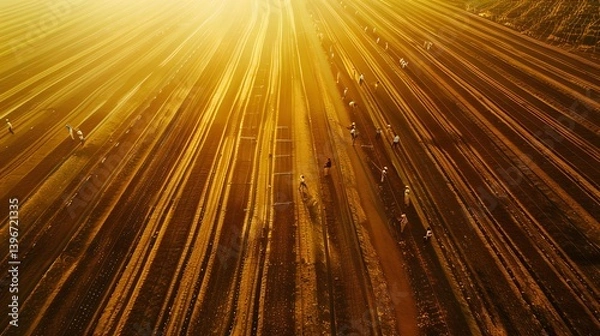 Fototapeta Aerial View of Linear Field with Dramatic Sun Rays