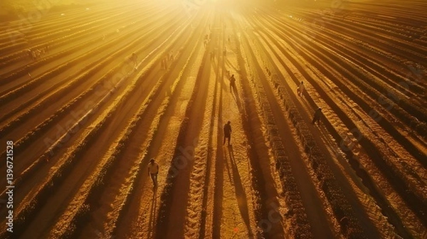 Fototapeta Silhouetted Workers in Vast Patterned Field at Golden Hour