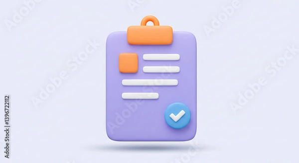 Fototapeta 3D cartoon clipboard with check mark icon, representing a completed task