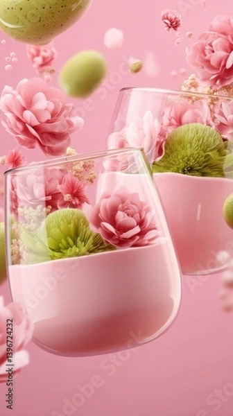 Obraz Matcha smoothie and sakura cherry blossom tree,spring season ,drink sweets for banners,Collection of matcha drinks with latte,menu popular japan,cards, flyers,wallpapers,copy space.
