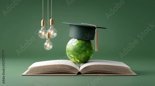 Fototapeta A graduation cap hovers above a vibrant green globe and an open book symbolizing the power of education technology and innovation to shape a sustainable future