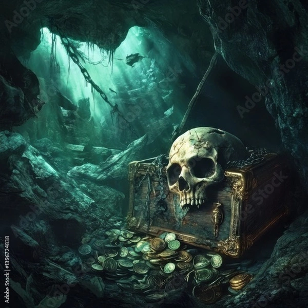 Fototapeta Exploring Mysterious Underwater Cave with Skull Treasure and Coins