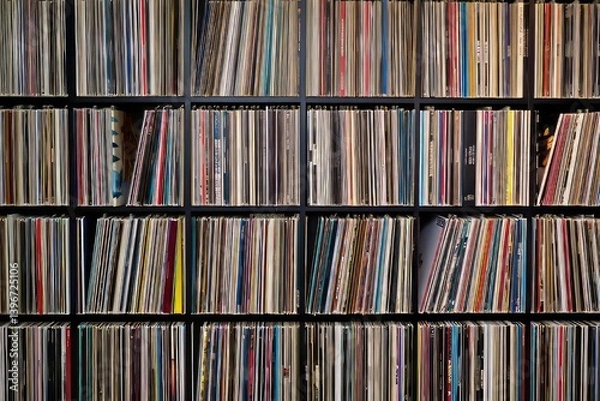 Obraz A Vast Collection of Vinyl Records, Beautifully Displayed in an Organized Home Music Library