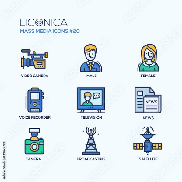 Fototapeta Mass Media - coloured modern single line icons set
