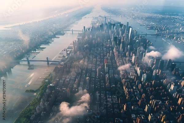 Fototapeta Ethereal Aerial Panorama of Manhattan with Drifting Clouds...
