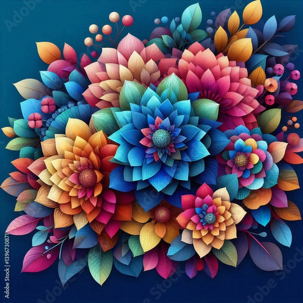 Fototapeta Radiant Multicolor Bloom Explosion – Vibrant 3D Floral Art with Intricate Petals on Deep Blue Background