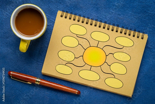 Fototapeta Hand drawn blank mind map, flowchart or network, rough sketch in a spiral notebook
