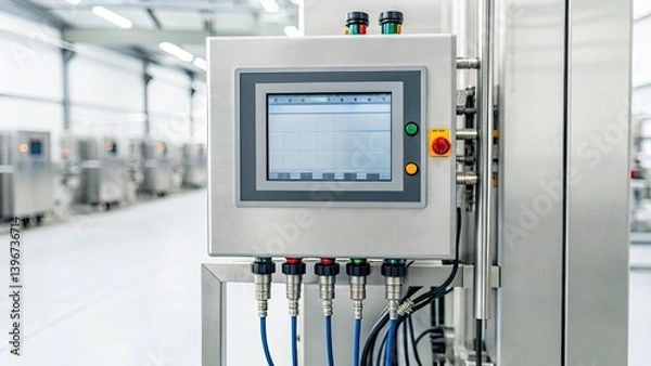 Fototapeta Artificial Intelligence Robotics Manufacturing concept, Industrial control panel in a clean, modern facility with machinery in the background.