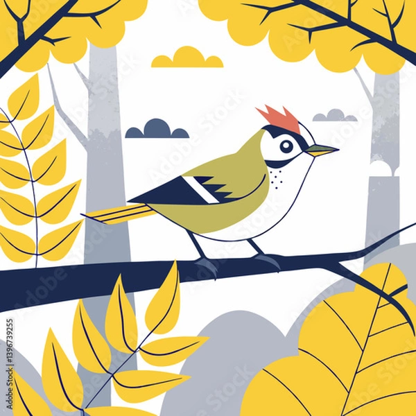 Obraz The Common Fire crest is a tiny European bird with olive-green plumage, a distinctive black-and-white face pattern, and a fiery orange crest in males. 