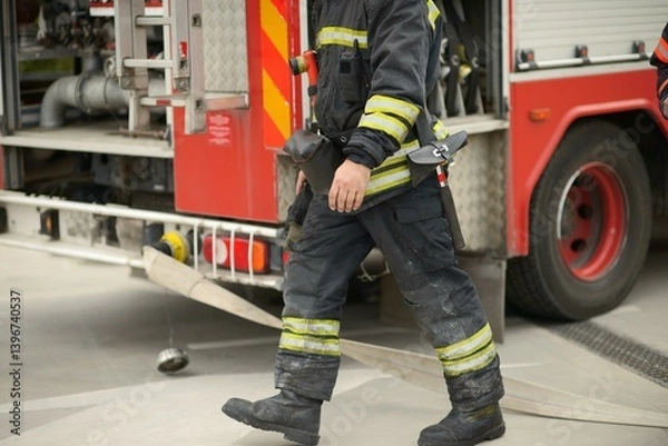 Fototapeta A firefighter in full turnout gear walks beside an active fire truck with a hose on the ground, showing emergency readiness with visible tools, safety stripes, and open compartments.