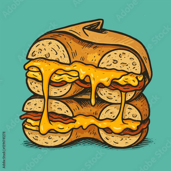 Obraz Bagel Sandwich Stack with Dripping Cheese Delicious Food Illustration