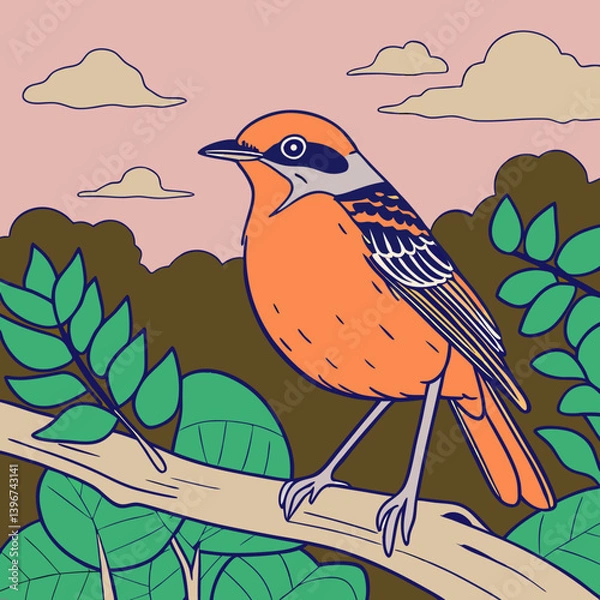 Obraz ​The Crimson Chat is a small Australian bird known for its vivid crimson crown, chest, and rump, contrasting with its dark brown back and white throat